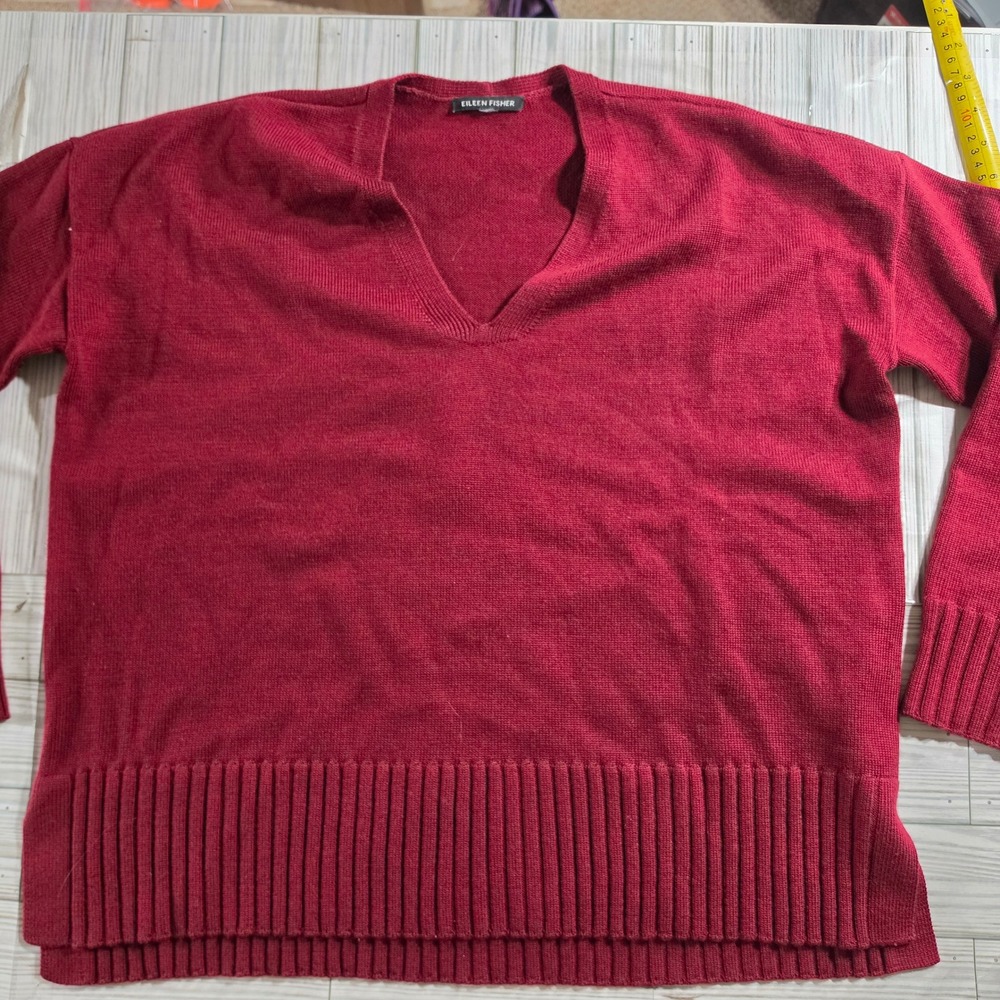 Eileen Fisher Red Extra Fine Merino Wool V-Neck Ribbed Hem Sweater Womens